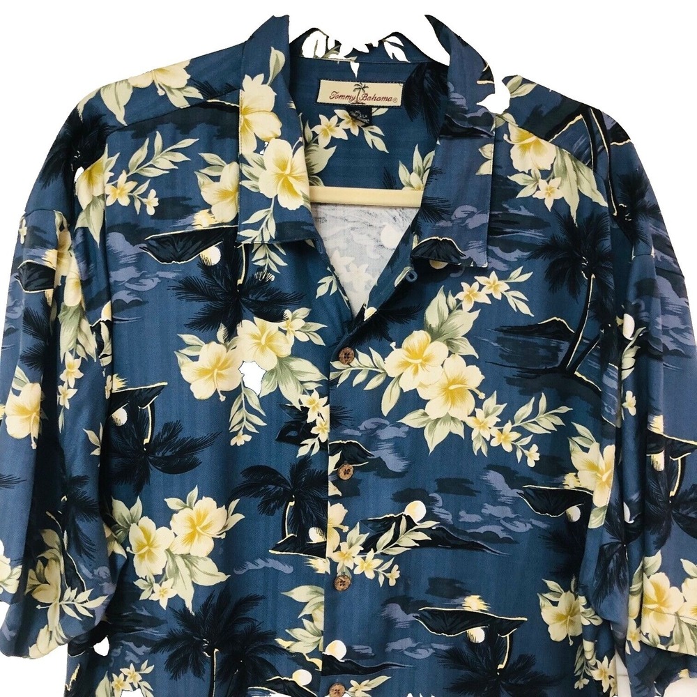 Tommy Bahama Mens Silk Shirt Hawaii Aloha Loop‎ Collar Wood Button Blue XL